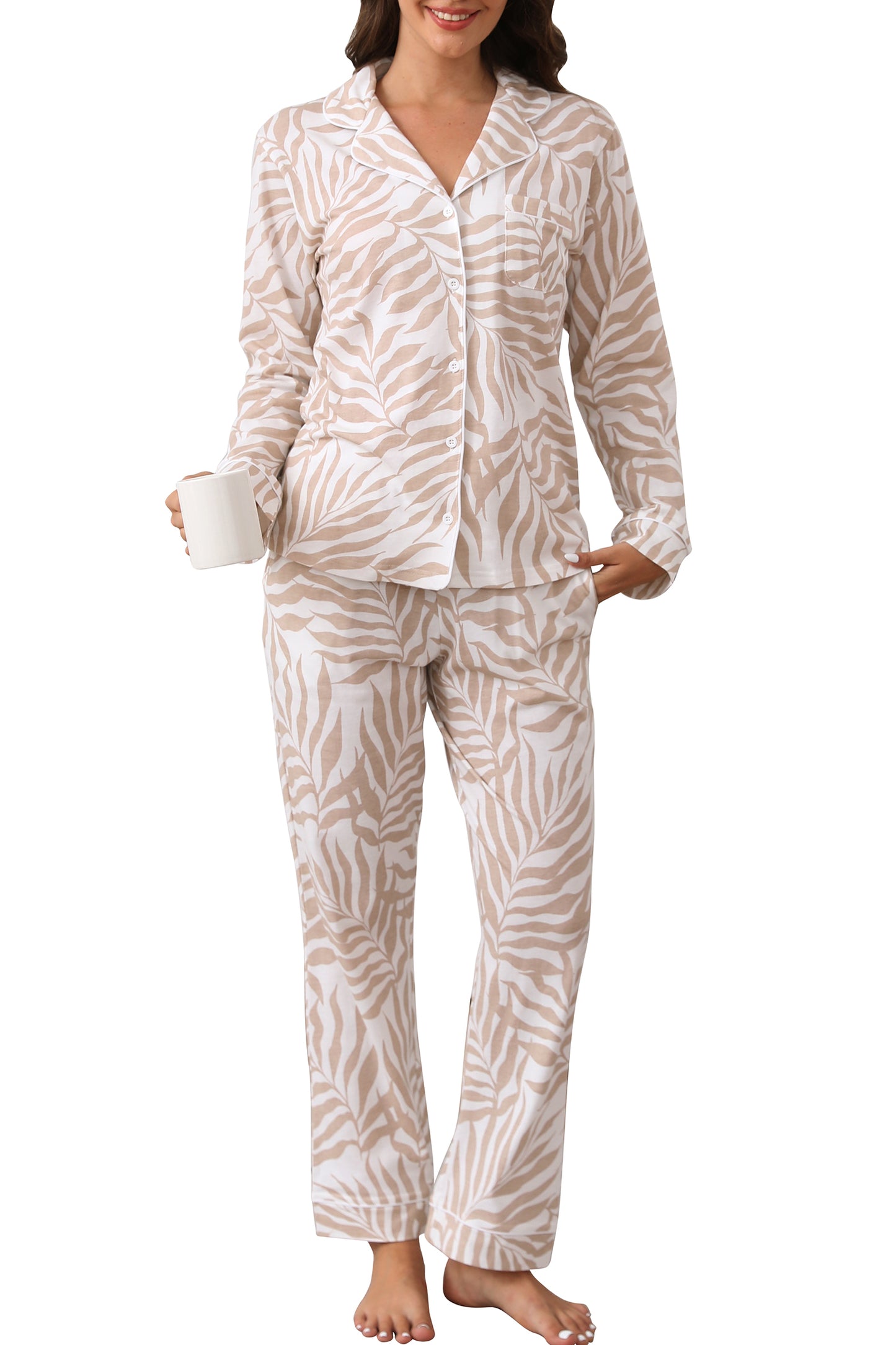 LUBOT 2026 100% Cotton Pajamas for Women PJ Set Soft Button 2 Piece Ladies Printed Knit Long Sleeve