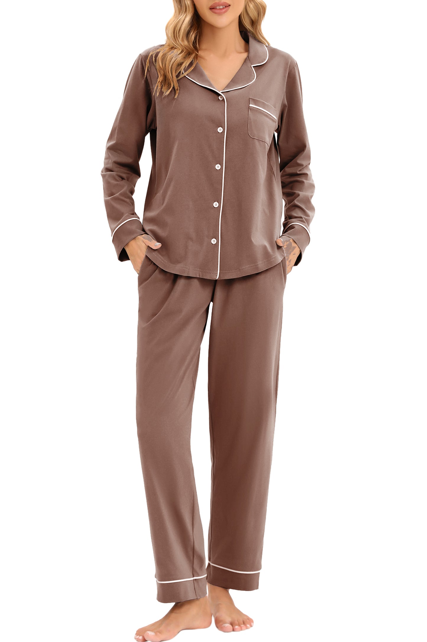 LUBOT 100% Cotton Pajamas for Women PJ Set Soft Button-Down 2 Piece Set Knitted Long Sleeve
