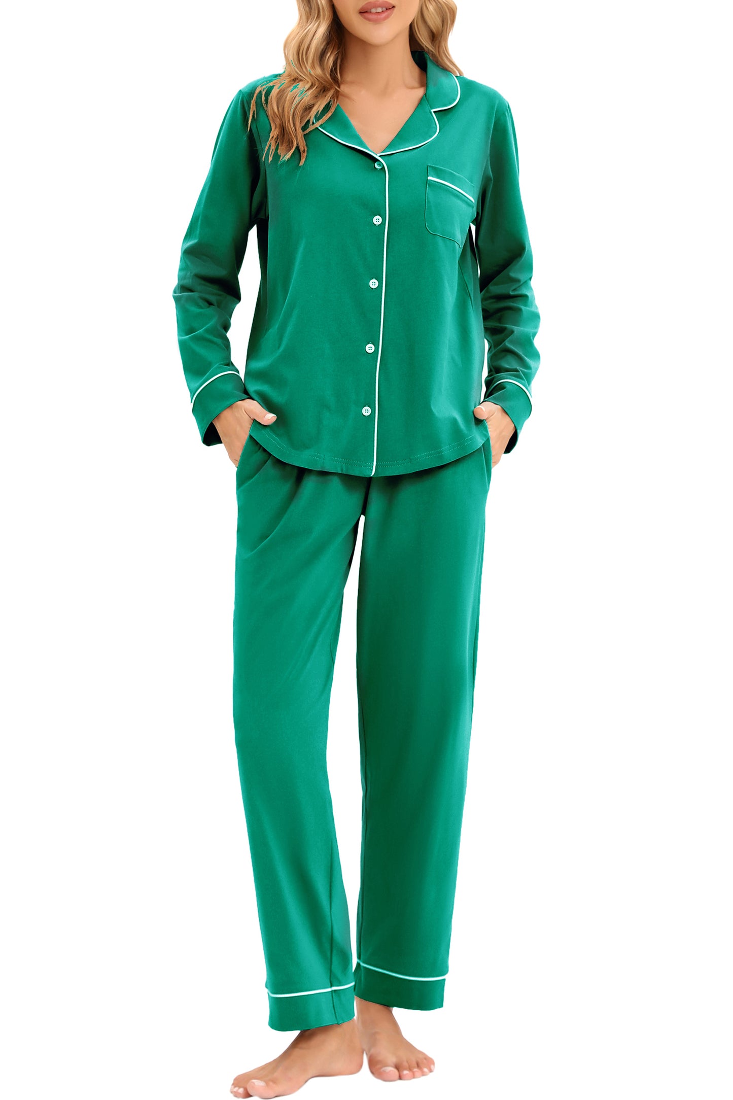 LUBOT 100% Cotton Pajamas for Women PJ Set Soft Button-Down 2 Piece Set Knitted Long Sleeve