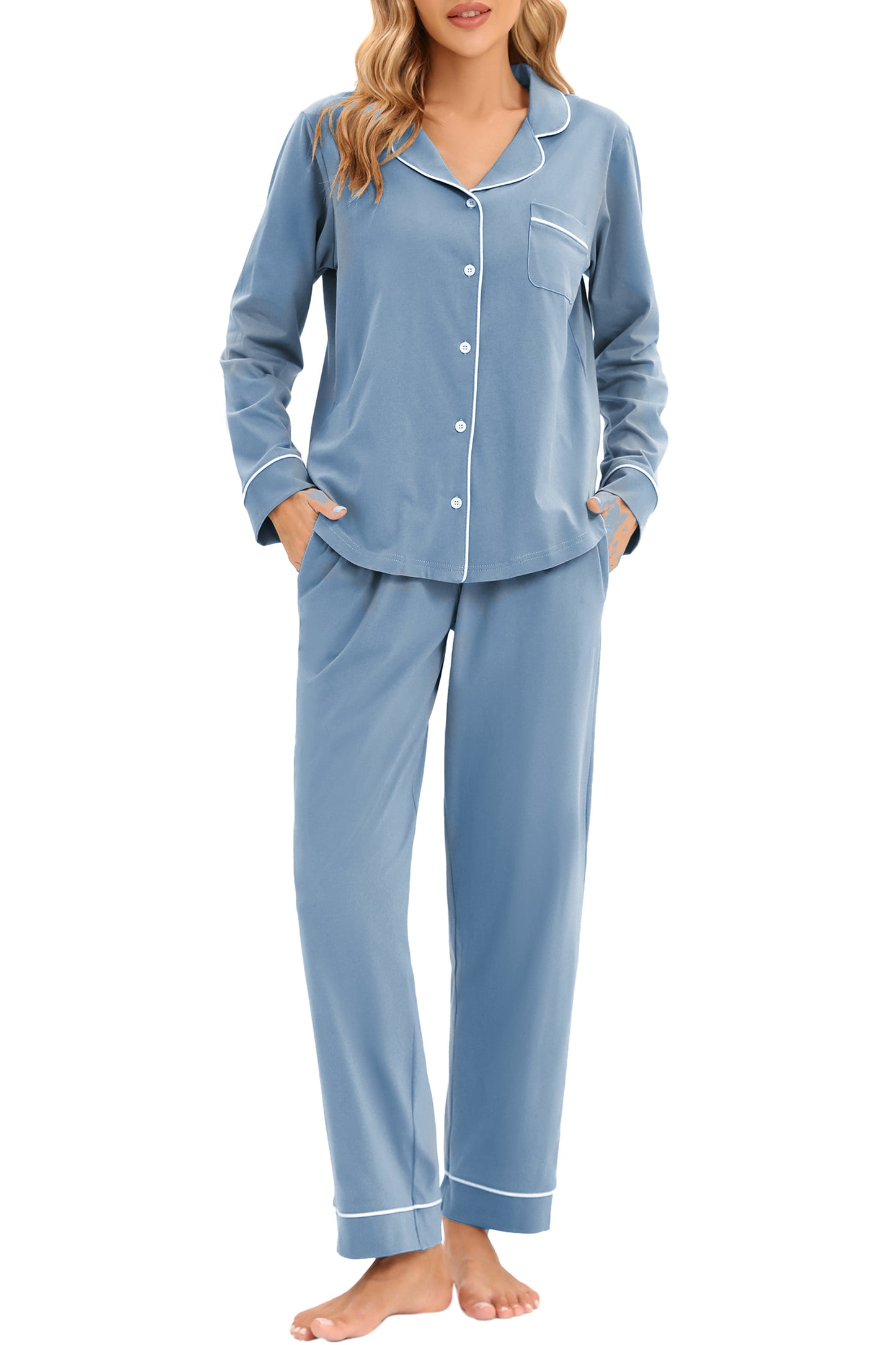 LUBOT 100% Cotton Pajamas for Women PJ Set Soft Button-Down 2 Piece Set Knitted Long Sleeve