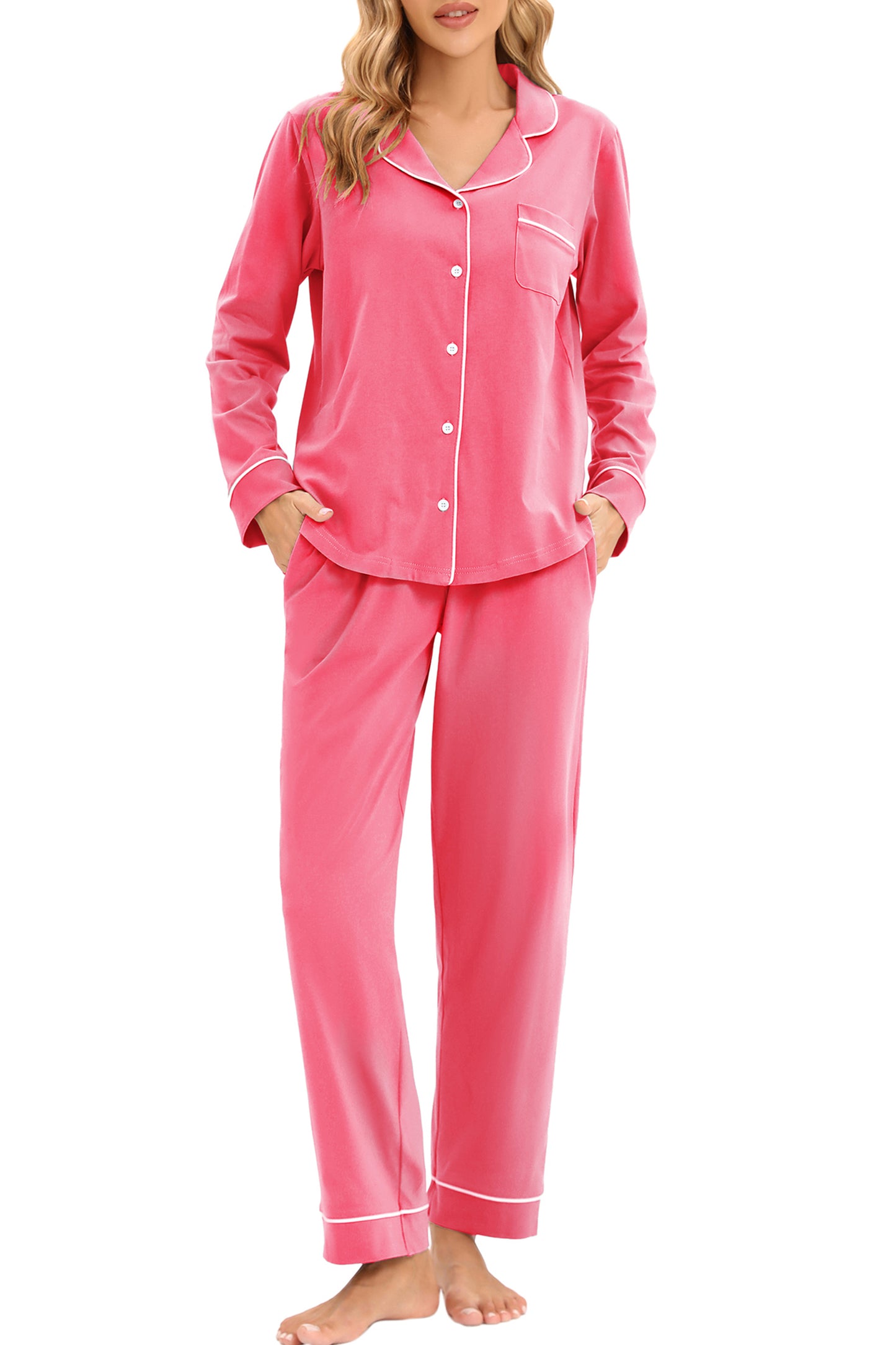 LUBOT 100% Cotton Pajamas for Women PJ Set Soft Button-Down 2 Piece Set Knitted Long Sleeve