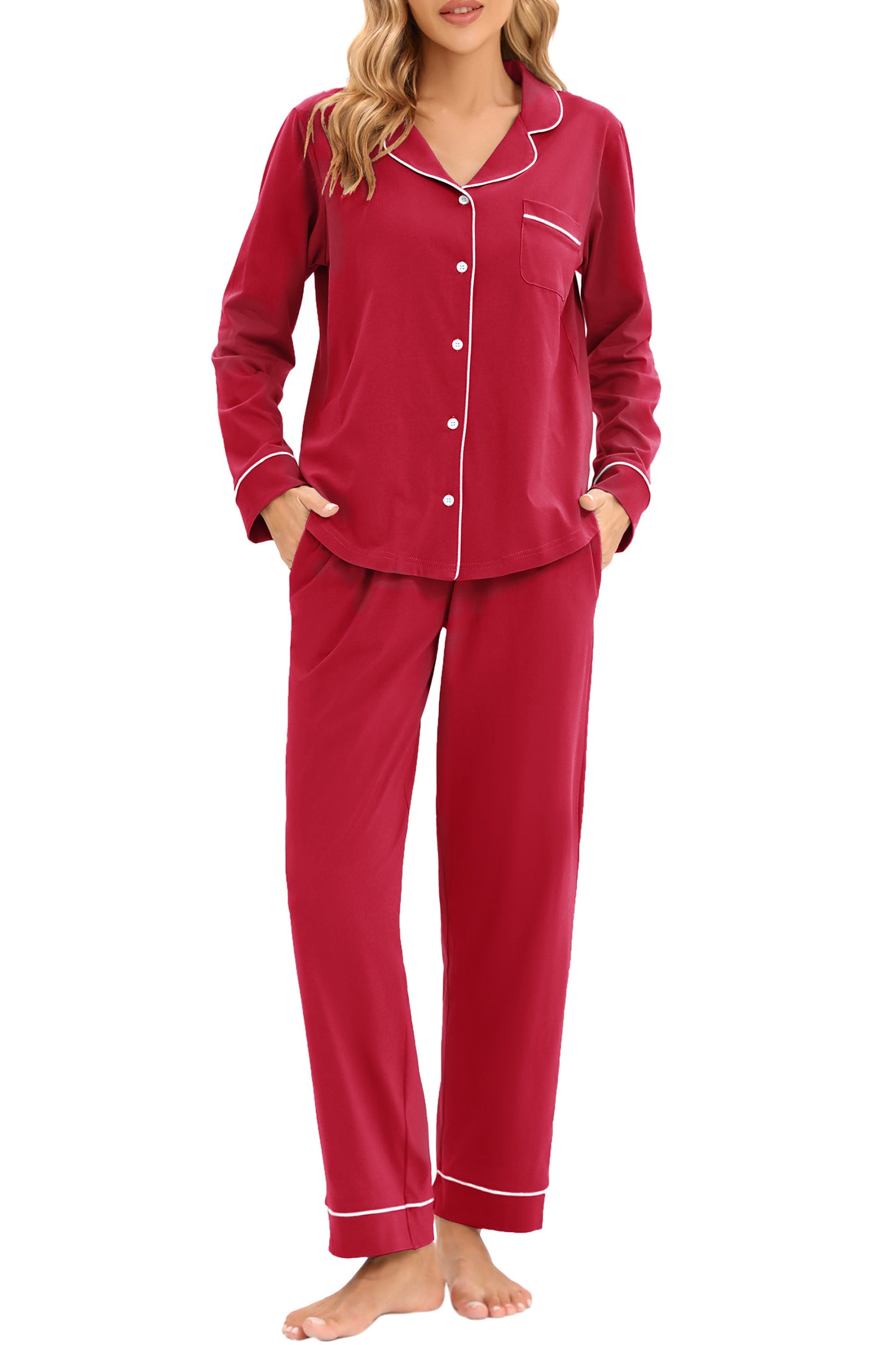 LUBOT 100% Cotton Pajamas for Women PJ Set Soft Button-Down 2 Piece Set Knitted Long Sleeve