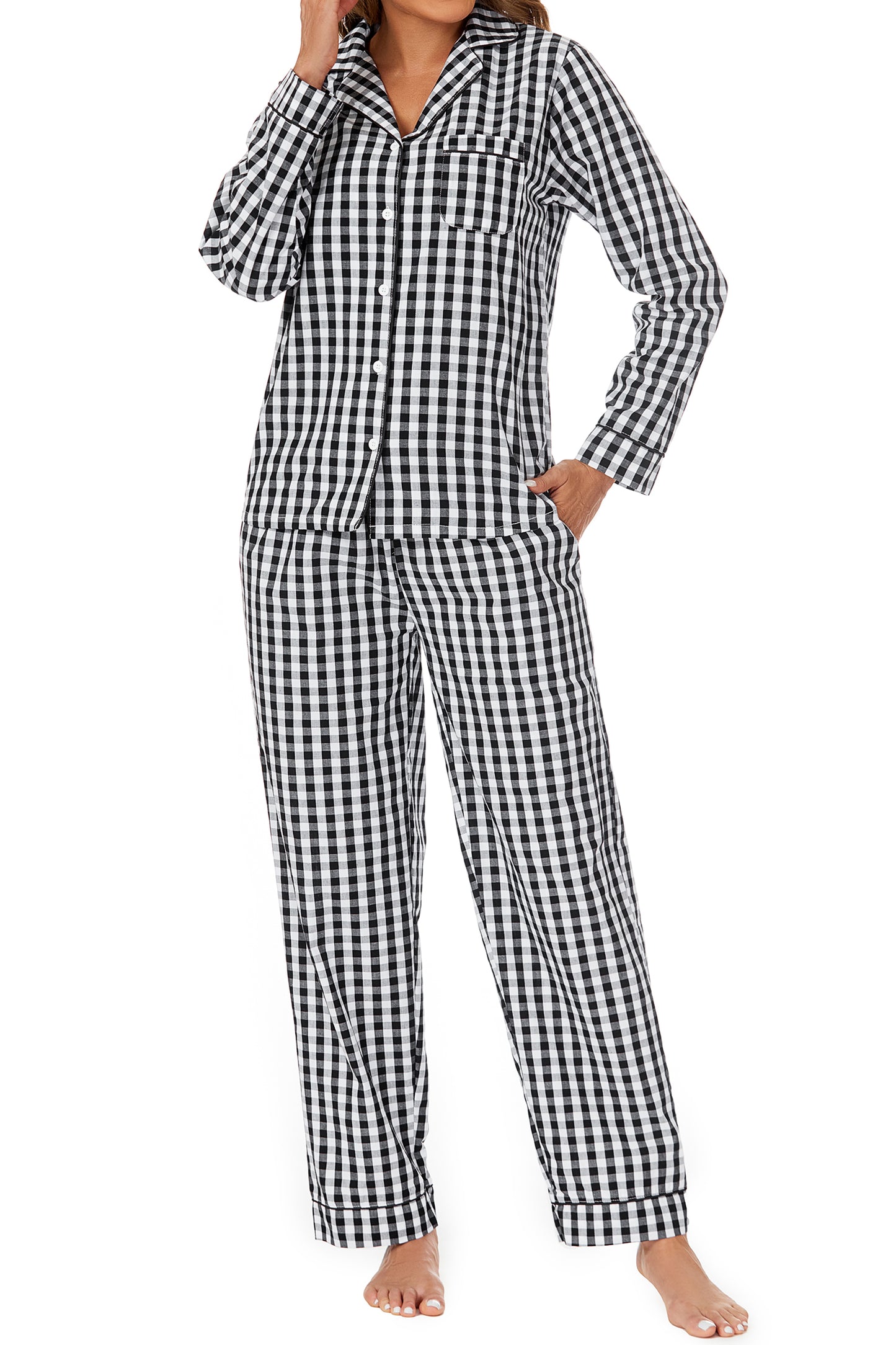 LUBOT 100% Cotton Pajamas for Women 2 Piece PJ Set Woven Poplin Ladies Button Down Long Sleeve Printed Sleepwear