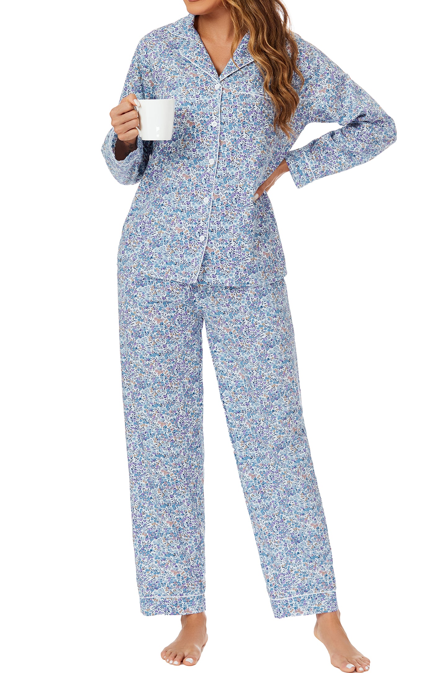 LUBOT 100% Cotton Pajamas for Women 2 Piece PJ Set Woven Poplin Ladies Button Down Long Sleeve Printed Sleepwear
