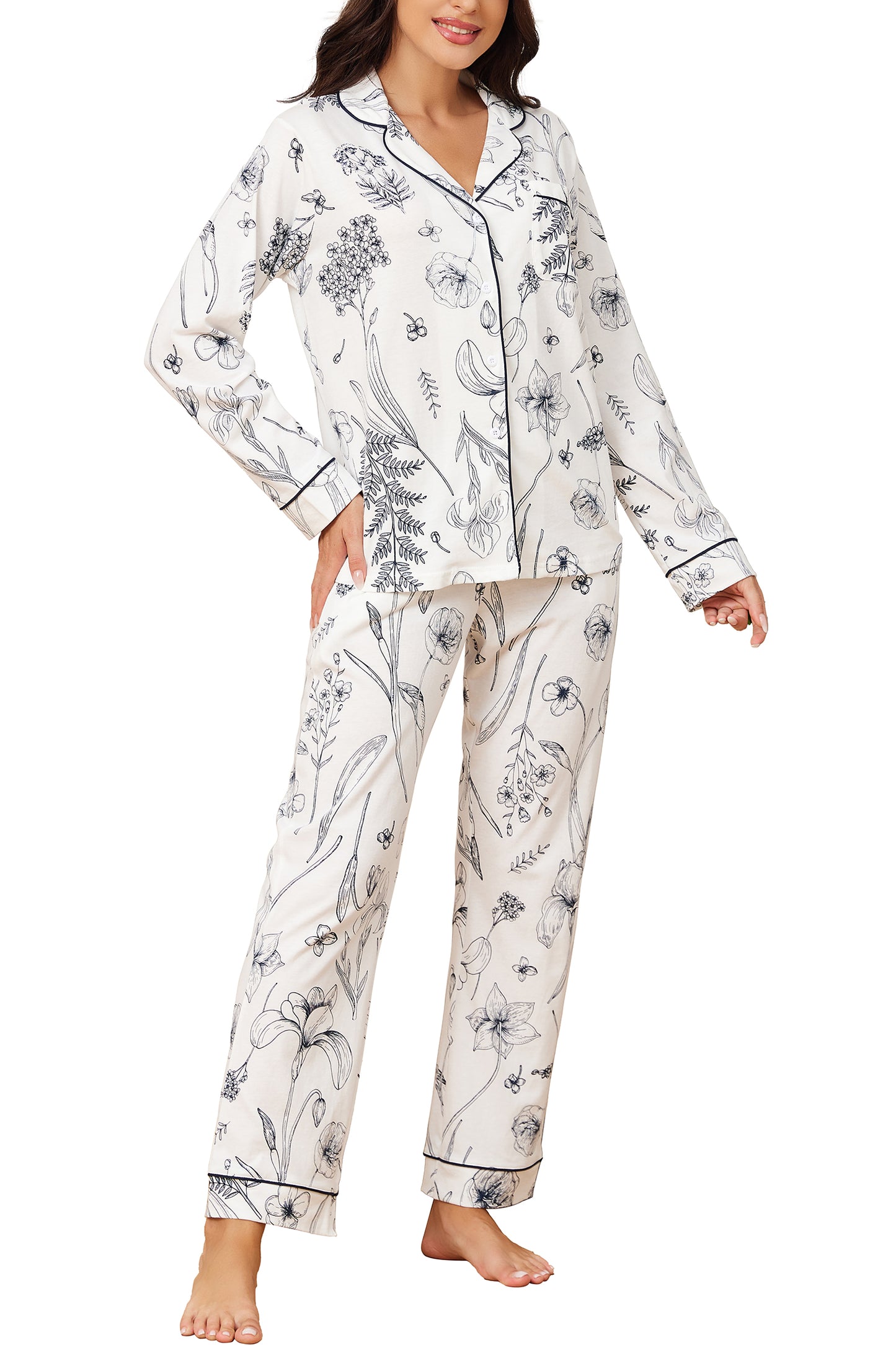 LUBOT 2026 100% Cotton Pajamas for Women PJ Set Soft Button 2 Piece Ladies Printed Knit Long Sleeve