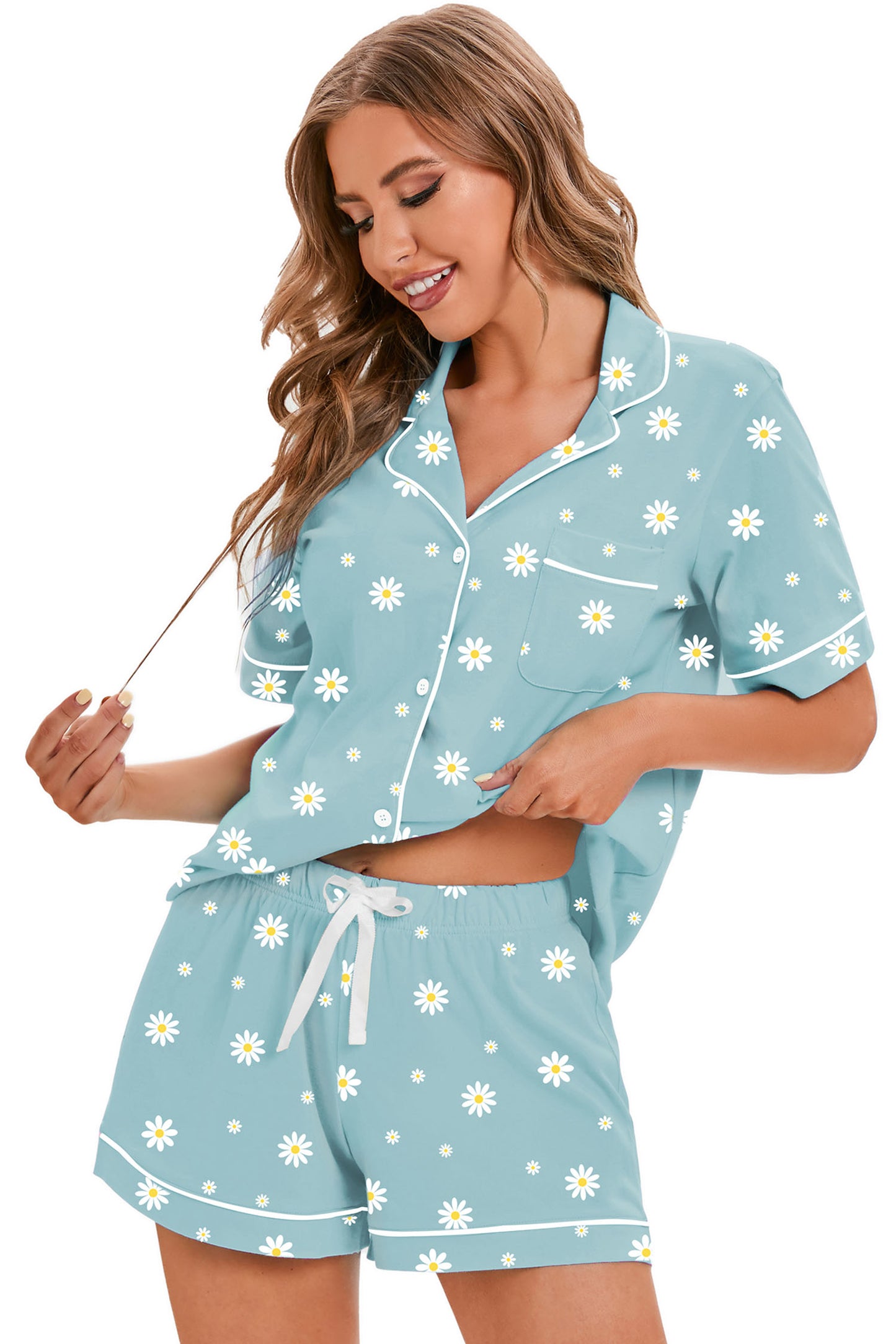 LUBOT 100% Cotton Pajamas for Women 2 Piece PJ Set Button-Down Soft Printed Knit Short Sleeve