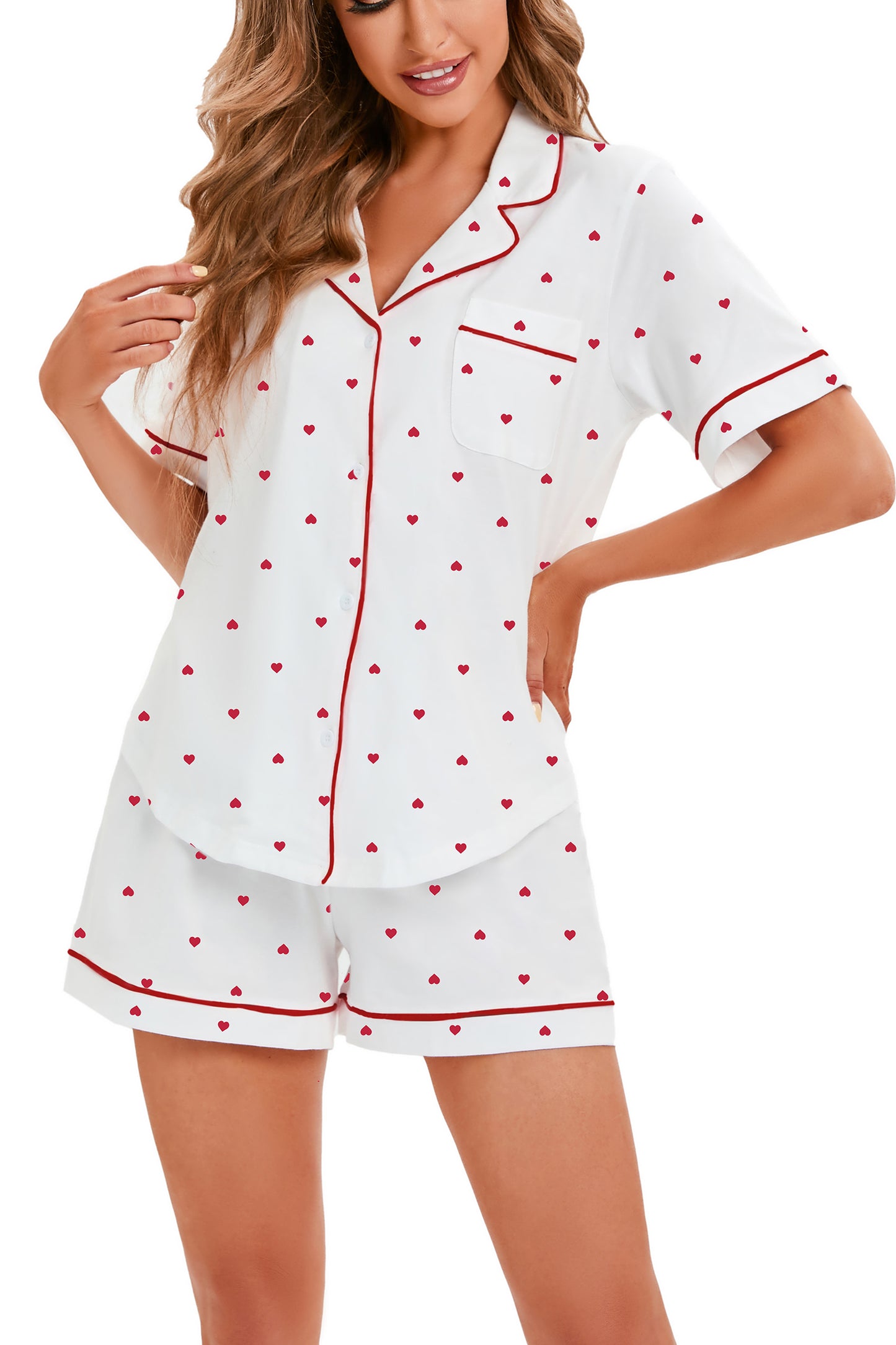 LUBOT 100% Cotton Pajamas for Women 2 Piece PJ Set Button-Down Soft Printed Knit Short Sleeve