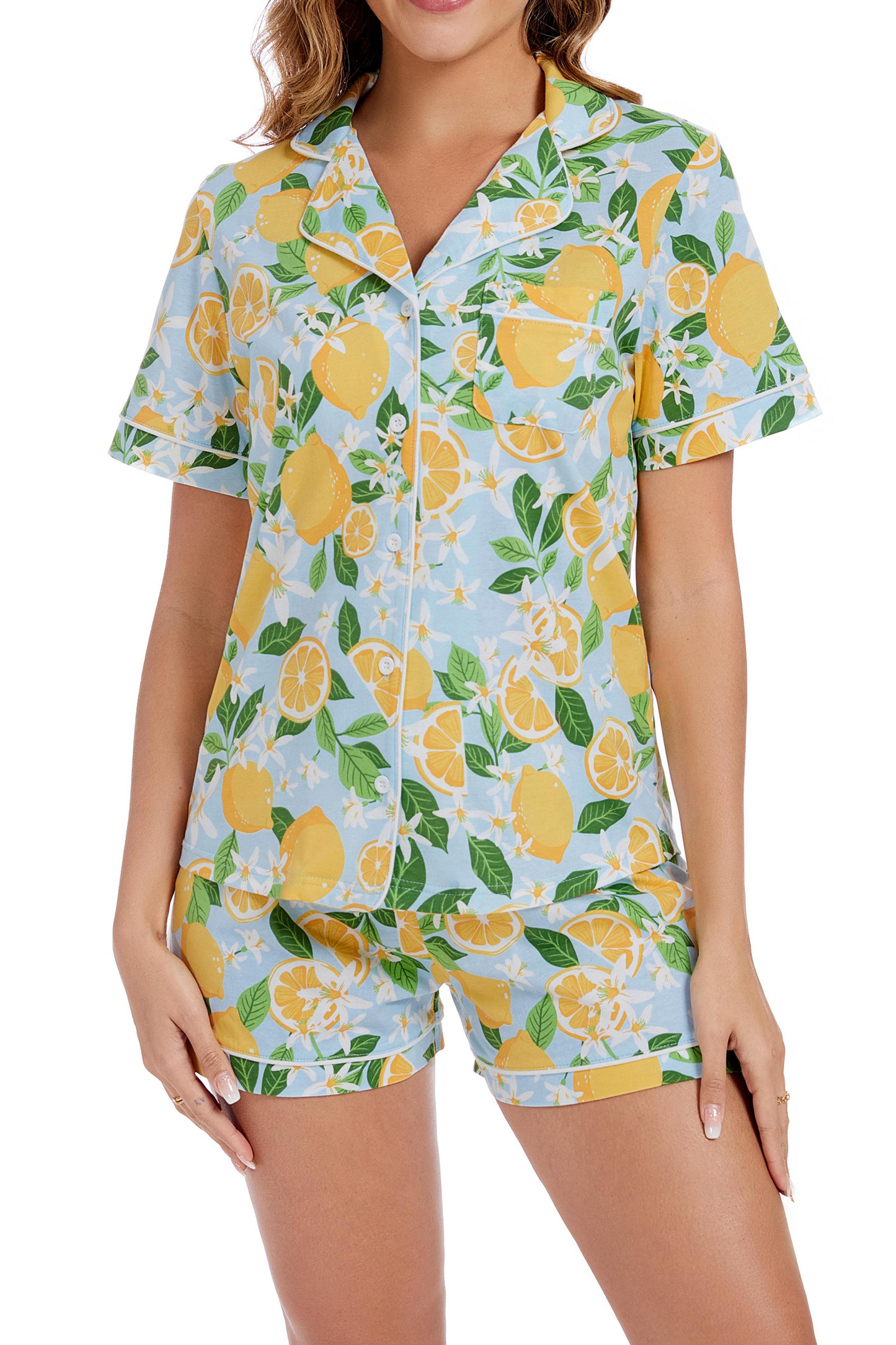 LUBOT 100% Cotton Pajamas for Women 2 Piece PJ Set Button-Down Soft Printed Knit Short Sleeve