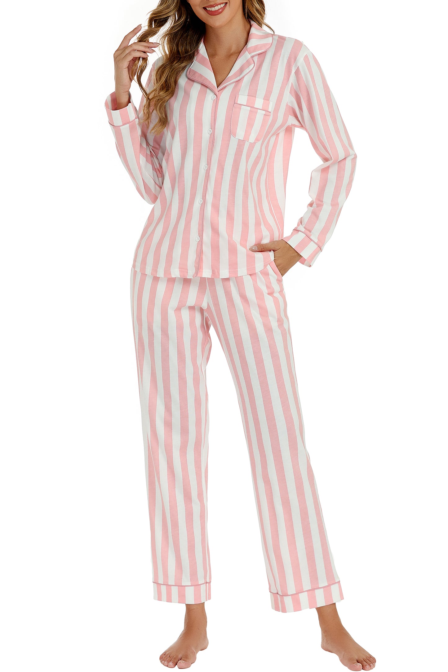 LUBOT 2026 100% Cotton Pajamas for Women PJ Set Soft Button 2 Piece Ladies Printed Knit Long Sleeve