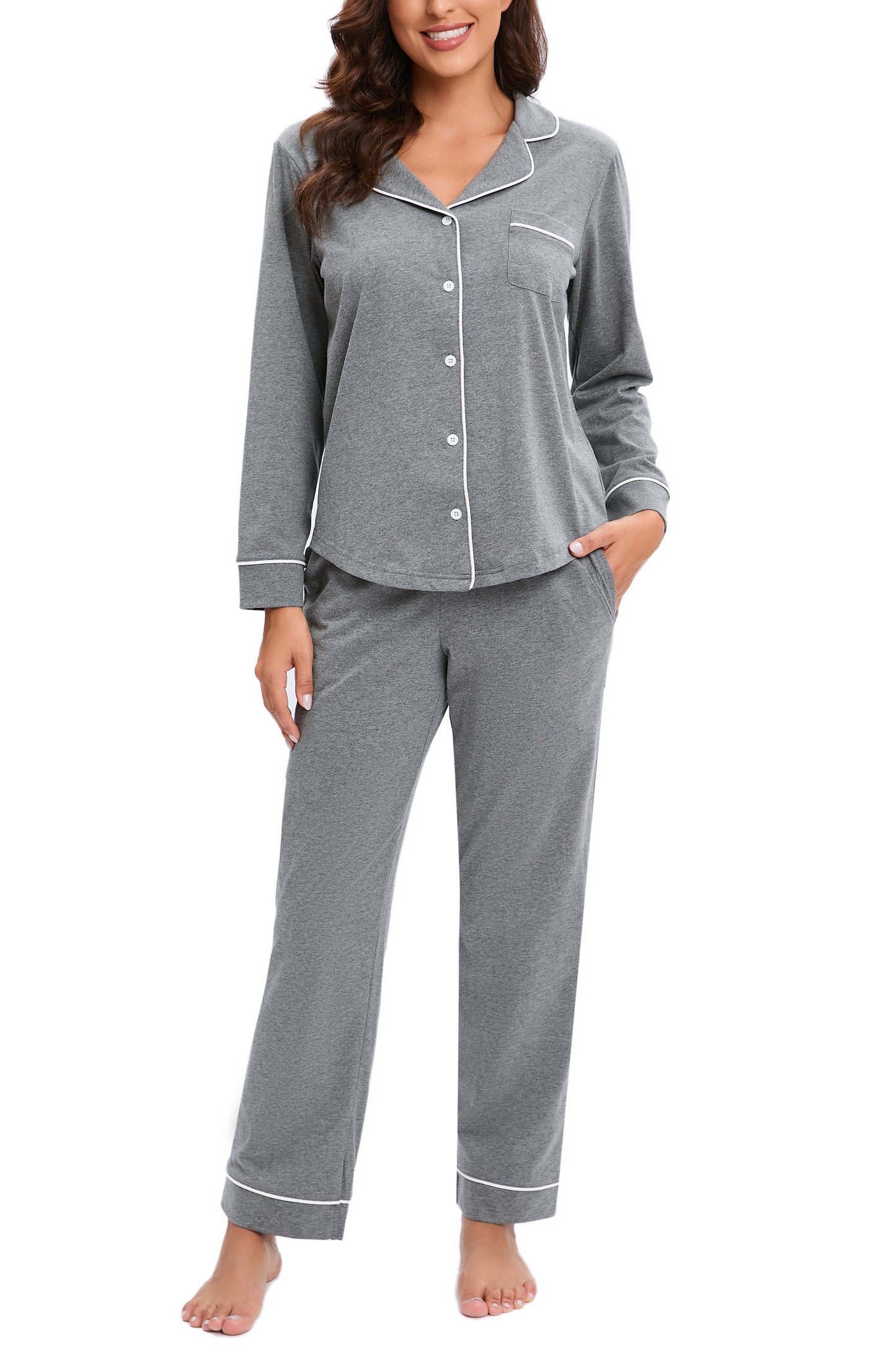 LUBOT 100% Cotton Pajamas for Women PJ Set Soft Button-Down 2 Piece Set Knitted Long Sleeve