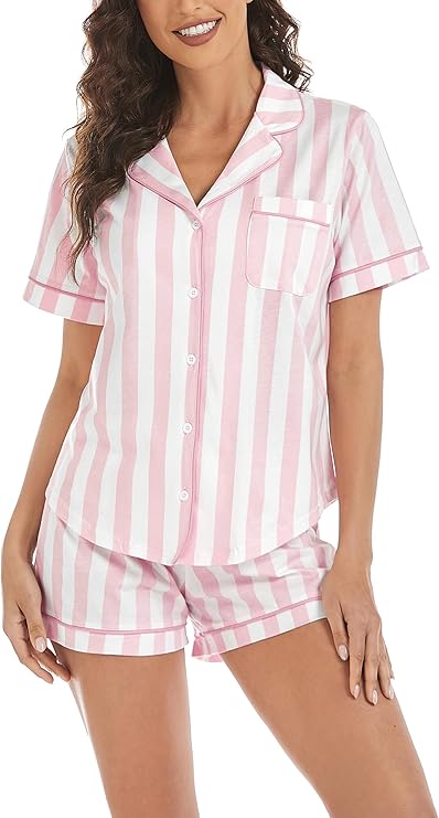 LUBOT 100% Cotton Pajamas for Women 2 Piece PJ Set Button-Down Soft Printed Knit Short Sleeve