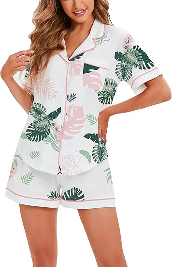 LUBOT 100% Cotton Pajamas for Women 2 Piece PJ Set Button-Down Soft Printed Knit Short Sleeve