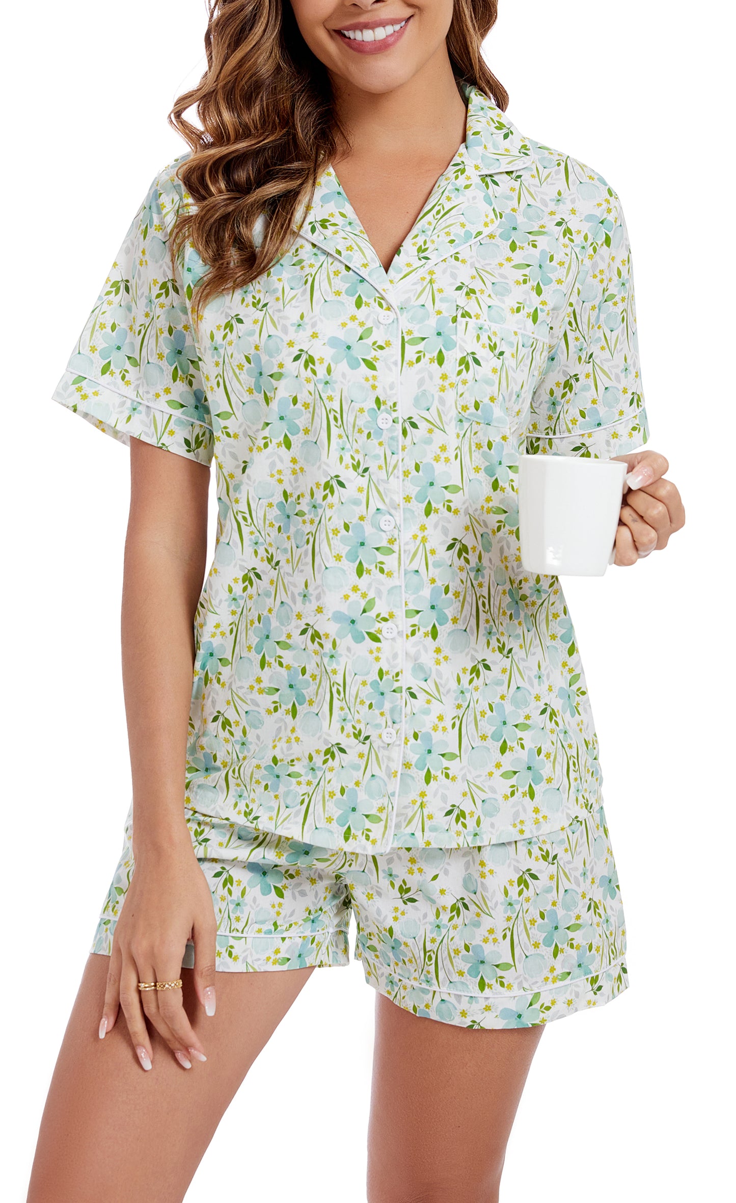 LUBOT 100% Cotton Pajamas for Women 2 Piece PJ Set Woven Poplin Ladies Button Down Short Sleeve Summer Sleepwear