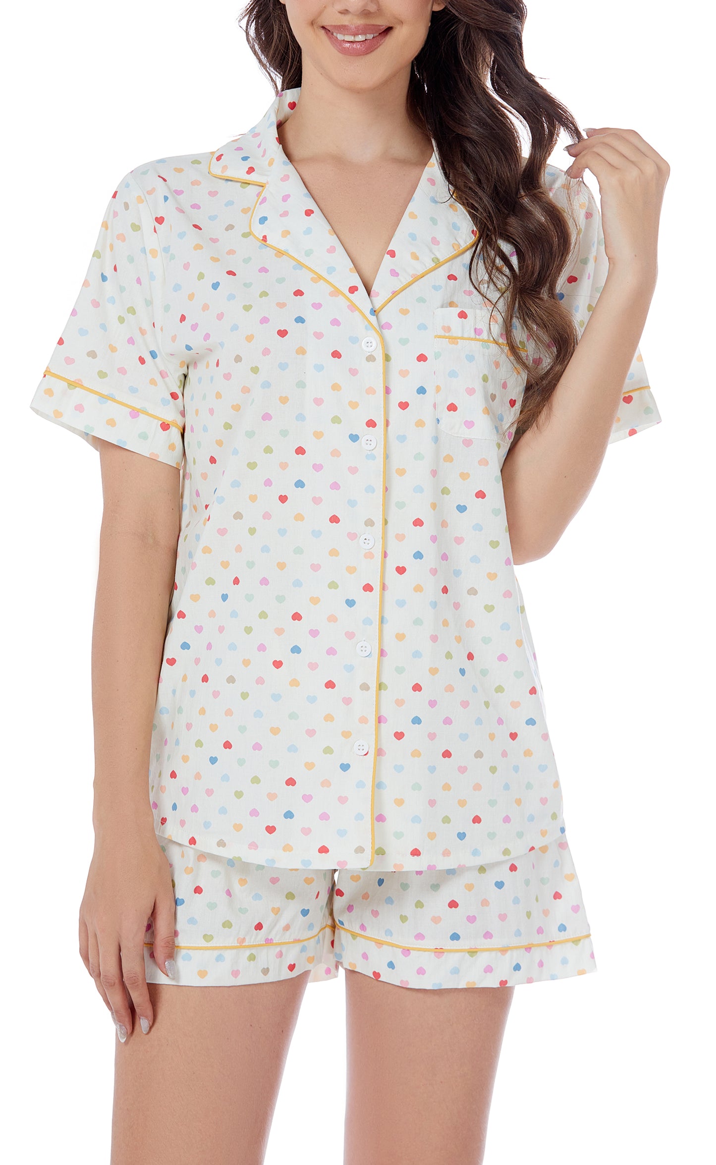 LUBOT 100% Cotton Pajamas for Women 2 Piece PJ Set Woven Poplin Ladies Button Down Short Sleeve Summer Sleepwear