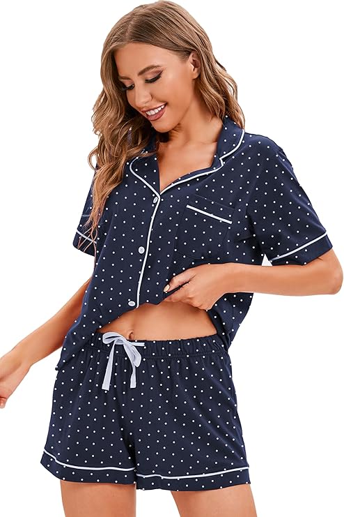 LUBOT 100% Cotton Pajamas for Women 2 Piece PJ Set Button-Down Soft Printed Knit Short Sleeve