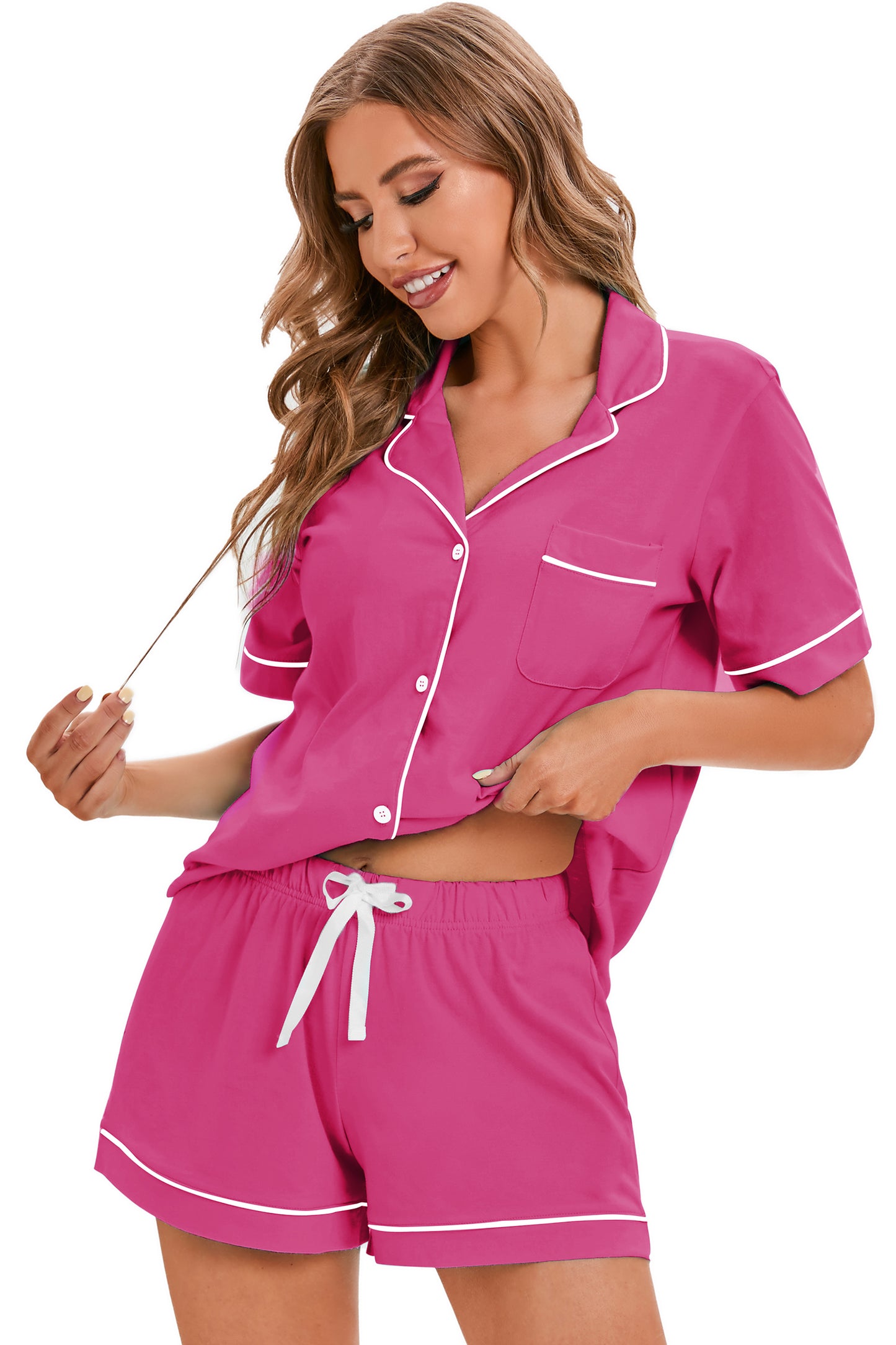 LUBOT 100% Cotton Pajamas for Women 2 Piece PJ Set Button-Down Soft Knit Short Sleeve