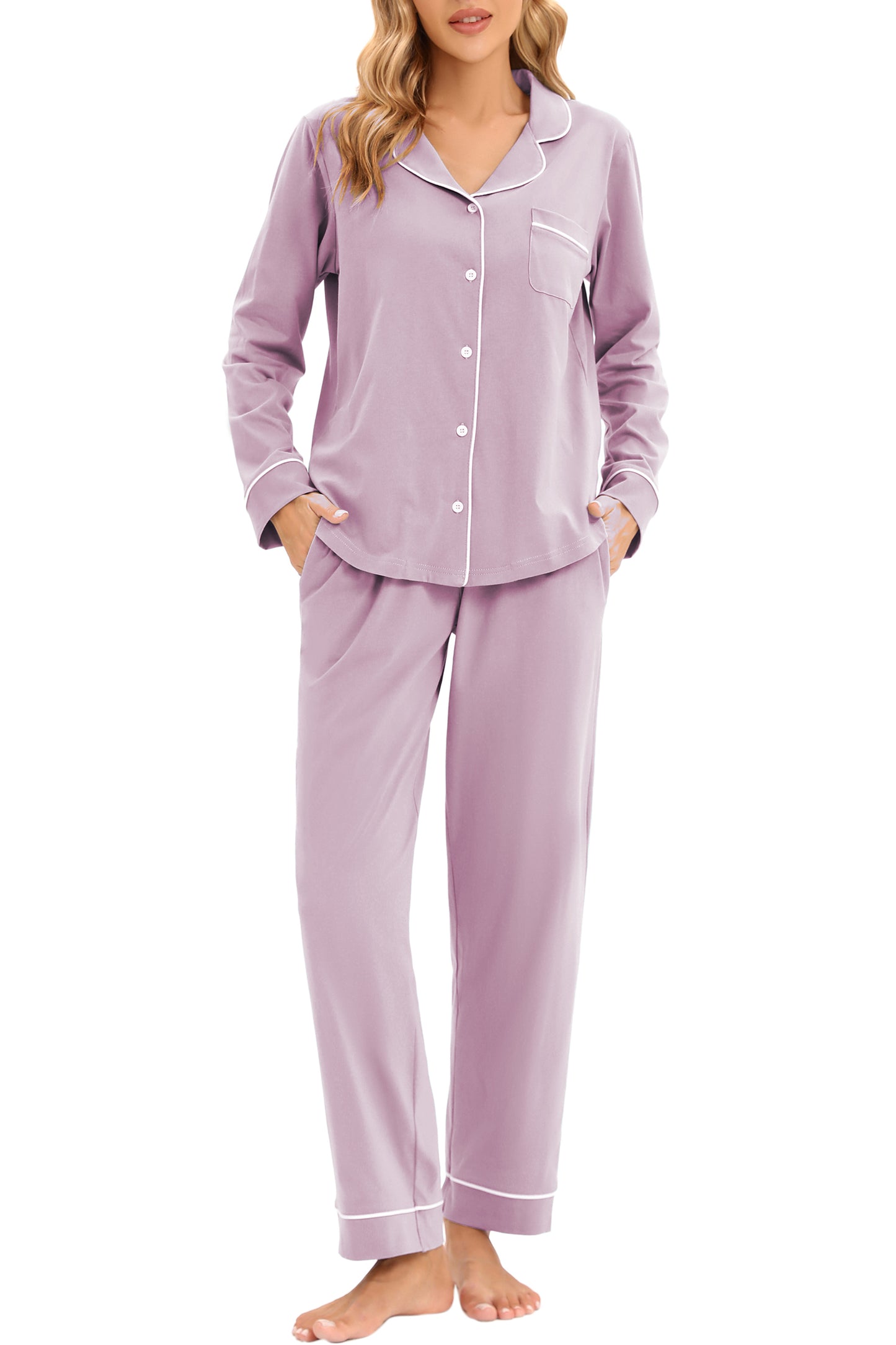 LUBOT 100% Cotton Pajamas for Women PJ Set Soft Button-Down 2 Piece Set Knitted Long Sleeve