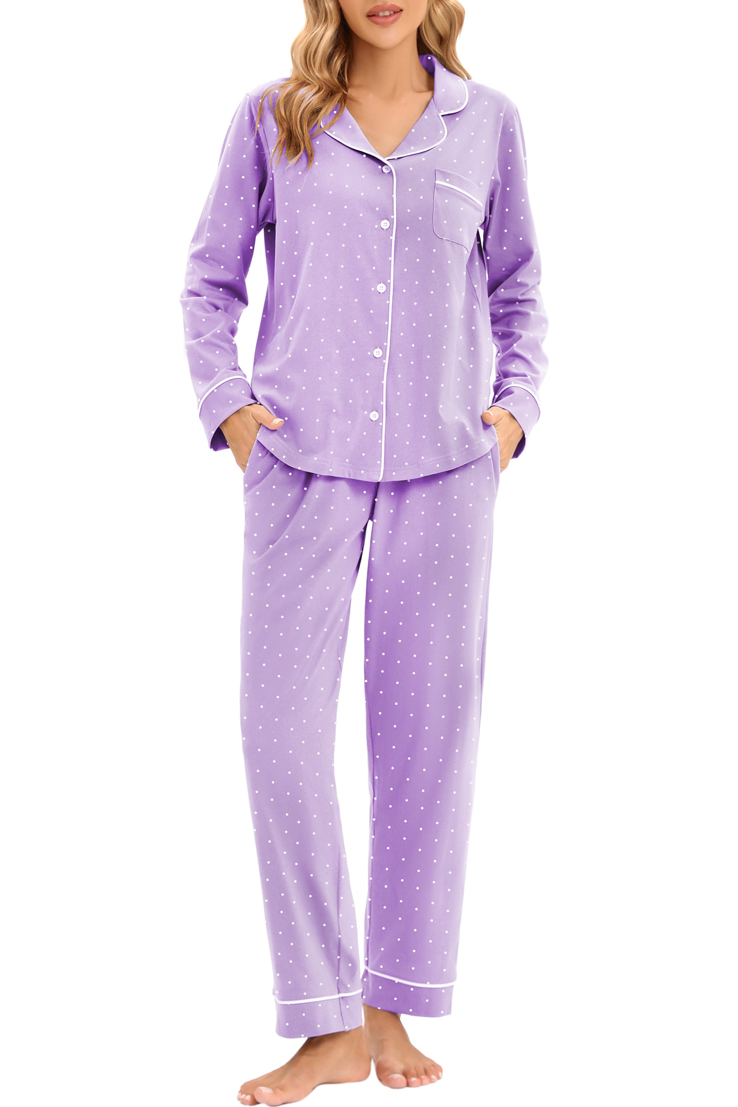 LUBOT 2026 100% Cotton Pajamas for Women PJ Set Soft Button 2 Piece Ladies Printed Knit Long Sleeve