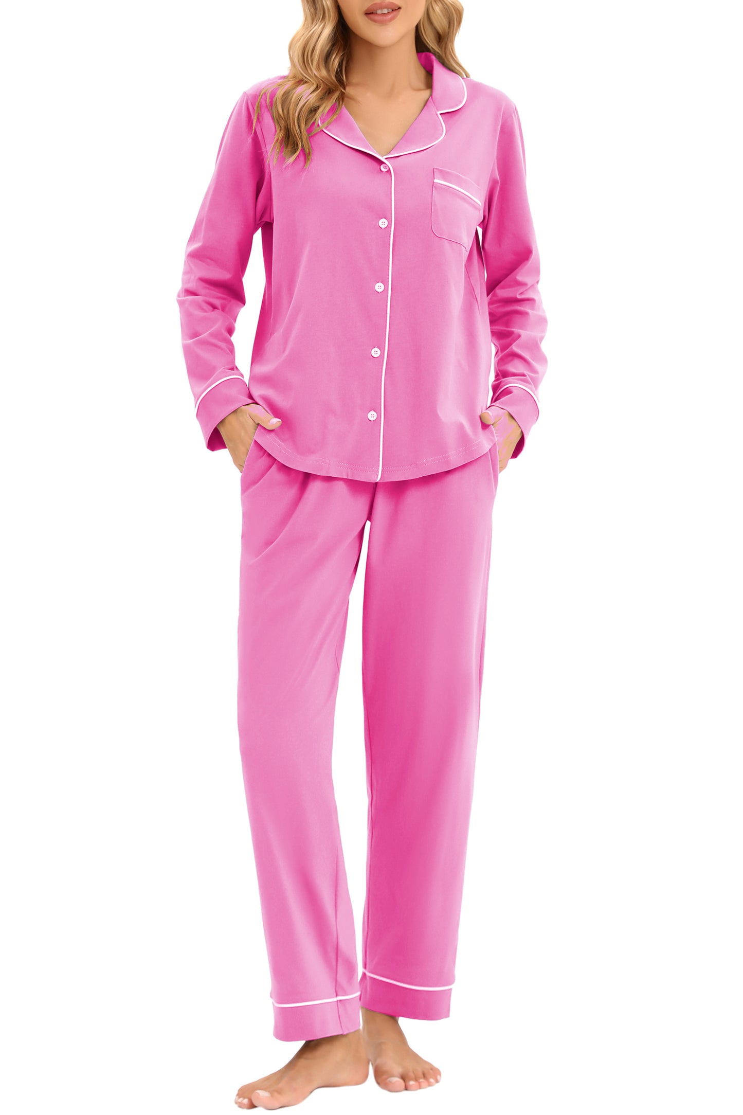 LUBOT 100% Cotton Pajamas for Women PJ Set Soft Button-Down 2 Piece Set Knitted Long Sleeve