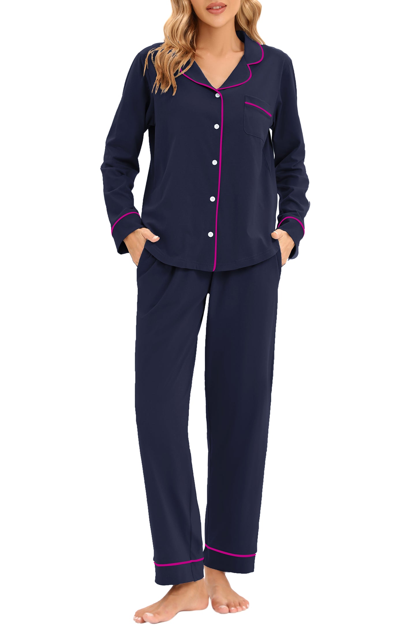 LUBOT 100% Cotton Pajamas for Women PJ Set Soft Button-Down 2 Piece Set Knitted Long Sleeve