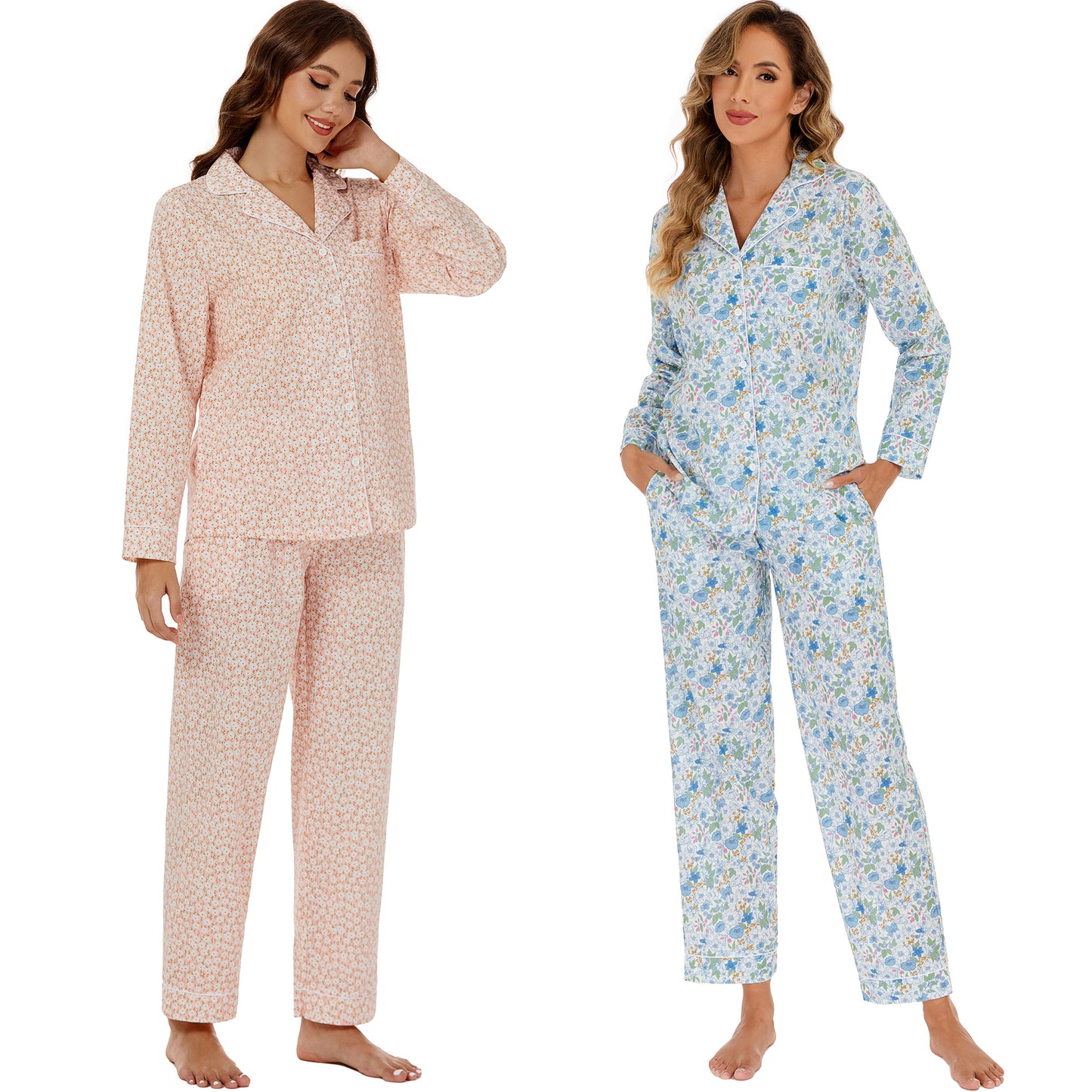 LUBOT 100% Cotton Pajamas for Women 2 Piece PJ Set Woven Poplin Ladies Button Down Long Sleeve Printed Sleepwear