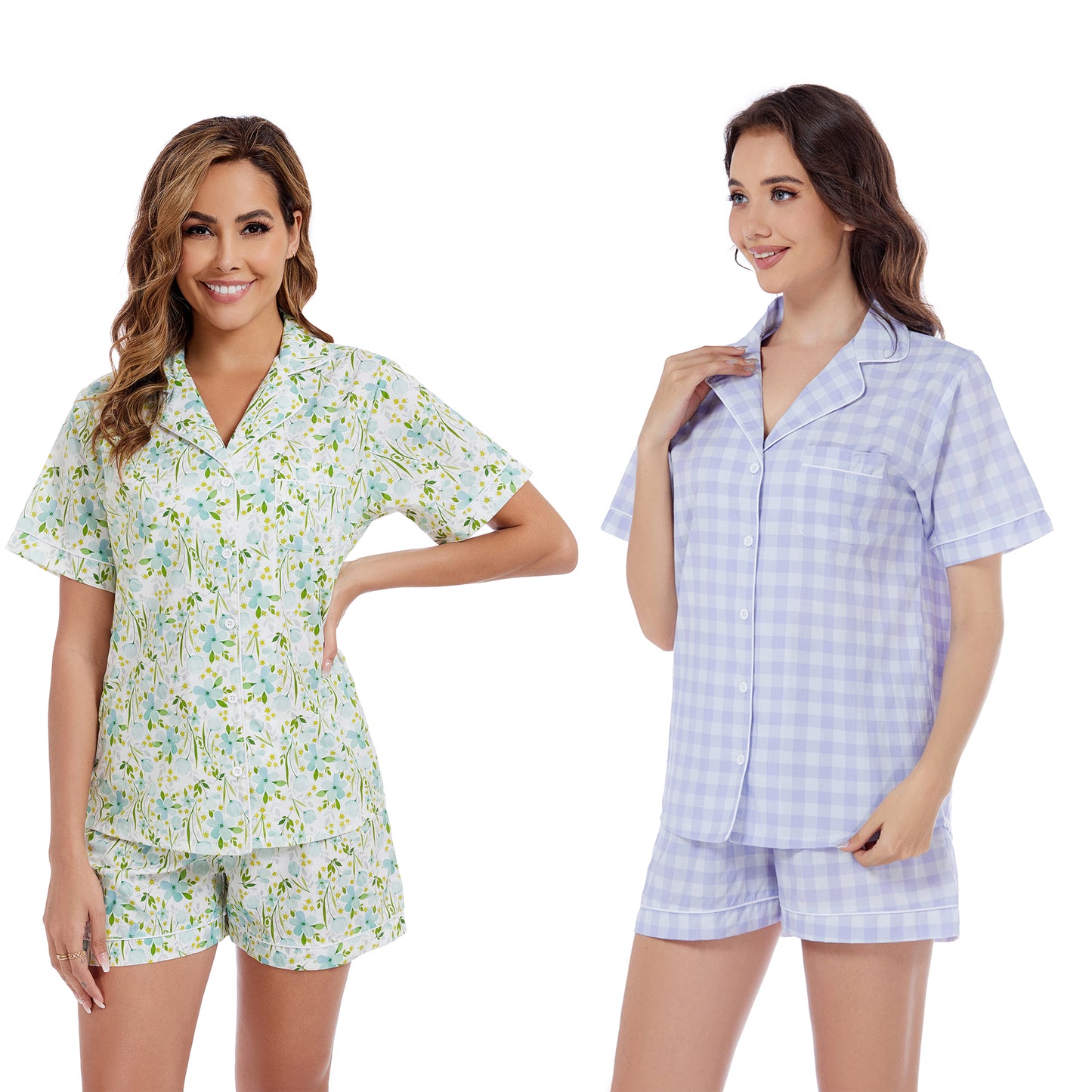 LUBOT 100% Cotton Pajamas for Women 2 Piece PJ Set Woven Poplin Ladies Button Down Short Sleeve Summer Sleepwear