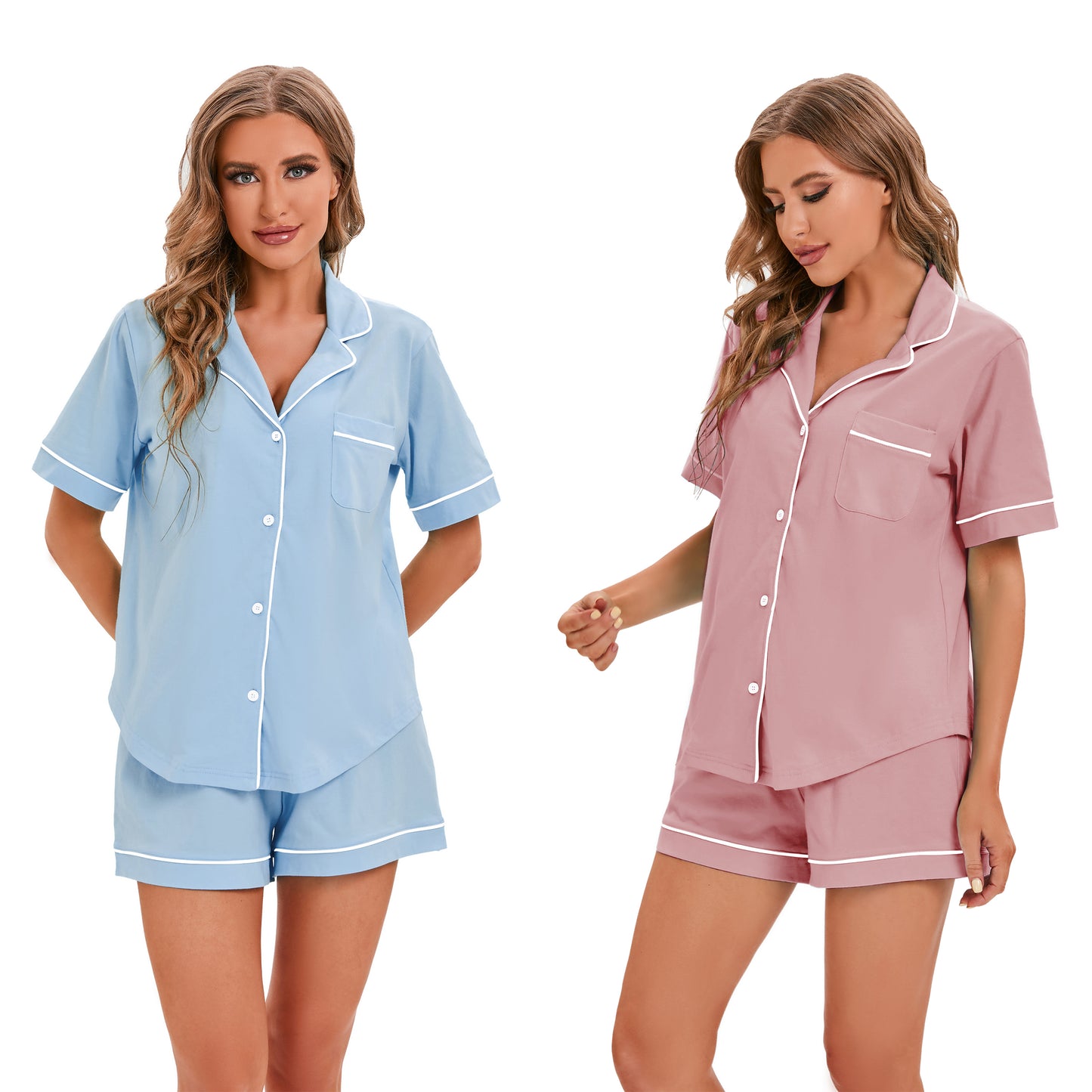 LUBOT 100% Cotton Pajamas for Women 2 Piece PJ Set Button-Down Soft Knit Short Sleeve