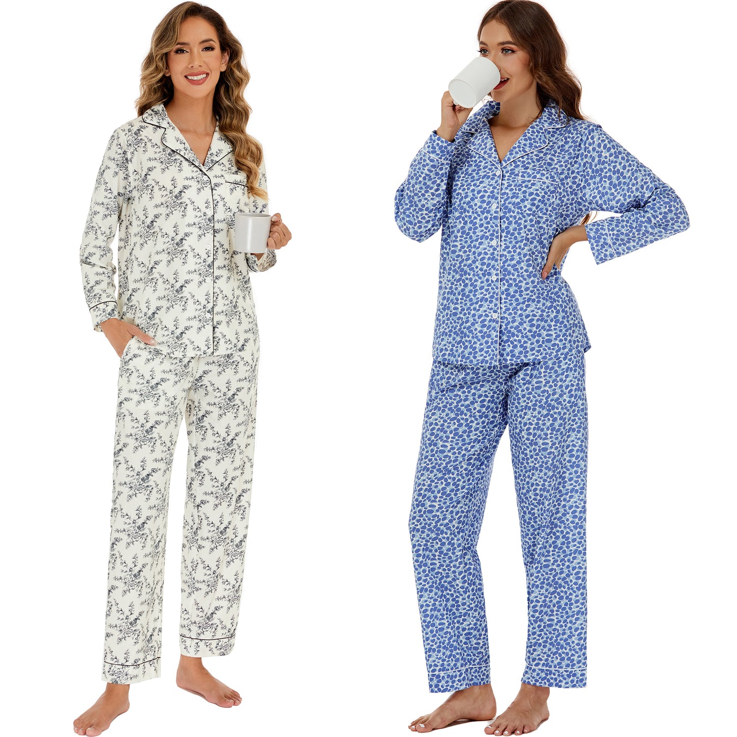 LUBOT 100% Cotton Pajamas for Women 2 Piece PJ Set Woven Poplin Ladies Button Down Long Sleeve Printed Sleepwear