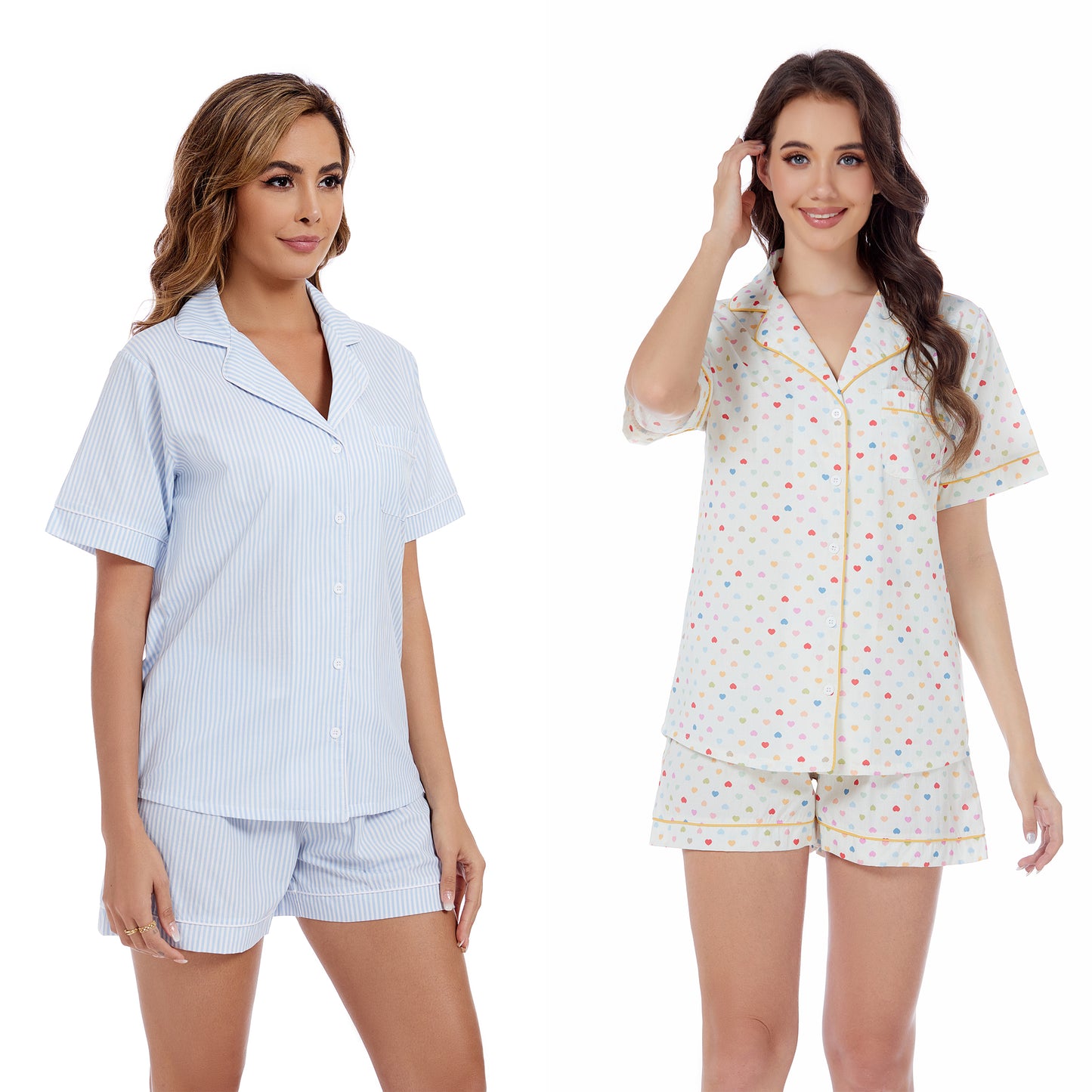LUBOT 100% Cotton Pajamas for Women 2 Piece PJ Set Woven Poplin Ladies Button Down Short Sleeve Summer Sleepwear