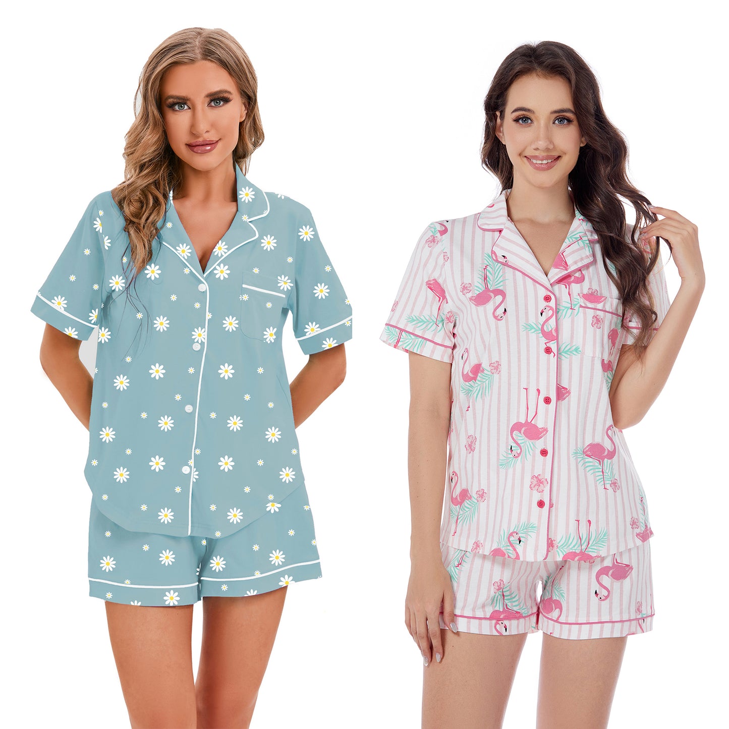 LUBOT 100% Cotton Pajamas for Women 2 Piece PJ Set Button-Down Soft Printed Knit Short Sleeve