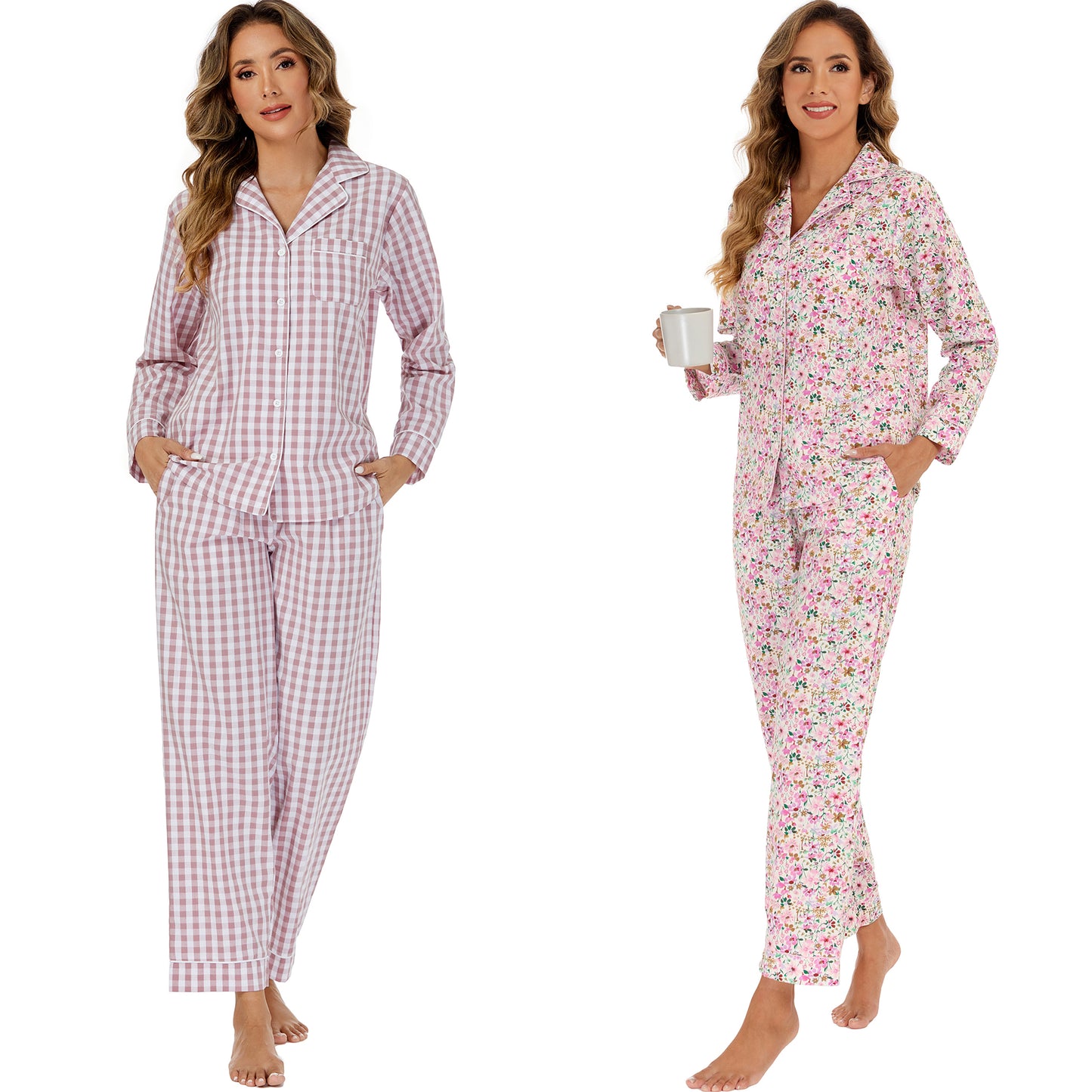 LUBOT 100% Cotton Pajamas for Women 2 Piece PJ Set Woven Poplin Ladies Button Down Long Sleeve Printed Sleepwear