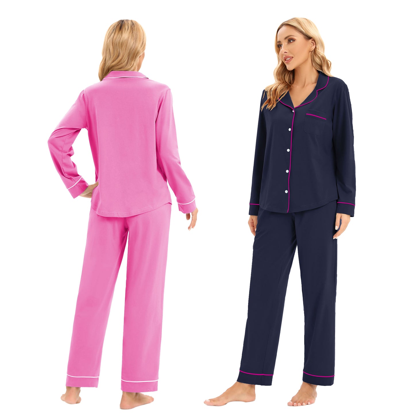 LUBOT 100% Cotton Pajamas for Women PJ Set Soft Button-Down 2 Piece Set Knitted Long Sleeve