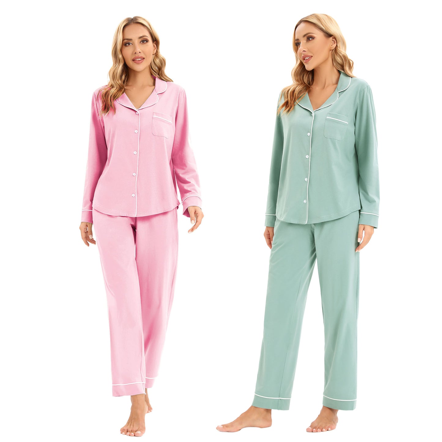 LUBOT 100% Cotton Pajamas for Women PJ Set Soft Button-Down 2 Piece Set Knitted Long Sleeve